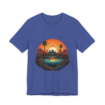 Sunset Oasis Unisex Tee - Summer Vibes, Graphic T-Shirt, Casualwear, Beachwear, Gift for Travelers, Nature Lover