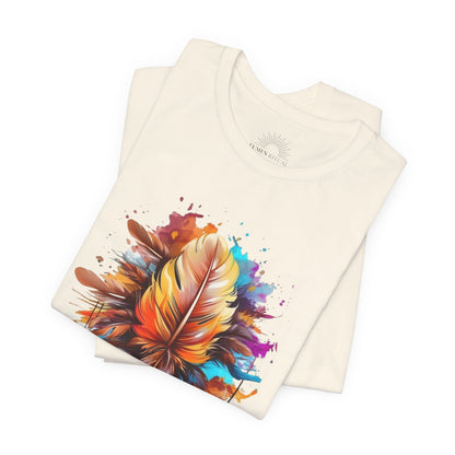 Colorful Feather Art Tee - Unisex Short Sleeve T-Shirt, Bohemian Top, Gift for Nature Lovers, Artisticwear, Casual Wear, Summer Tee