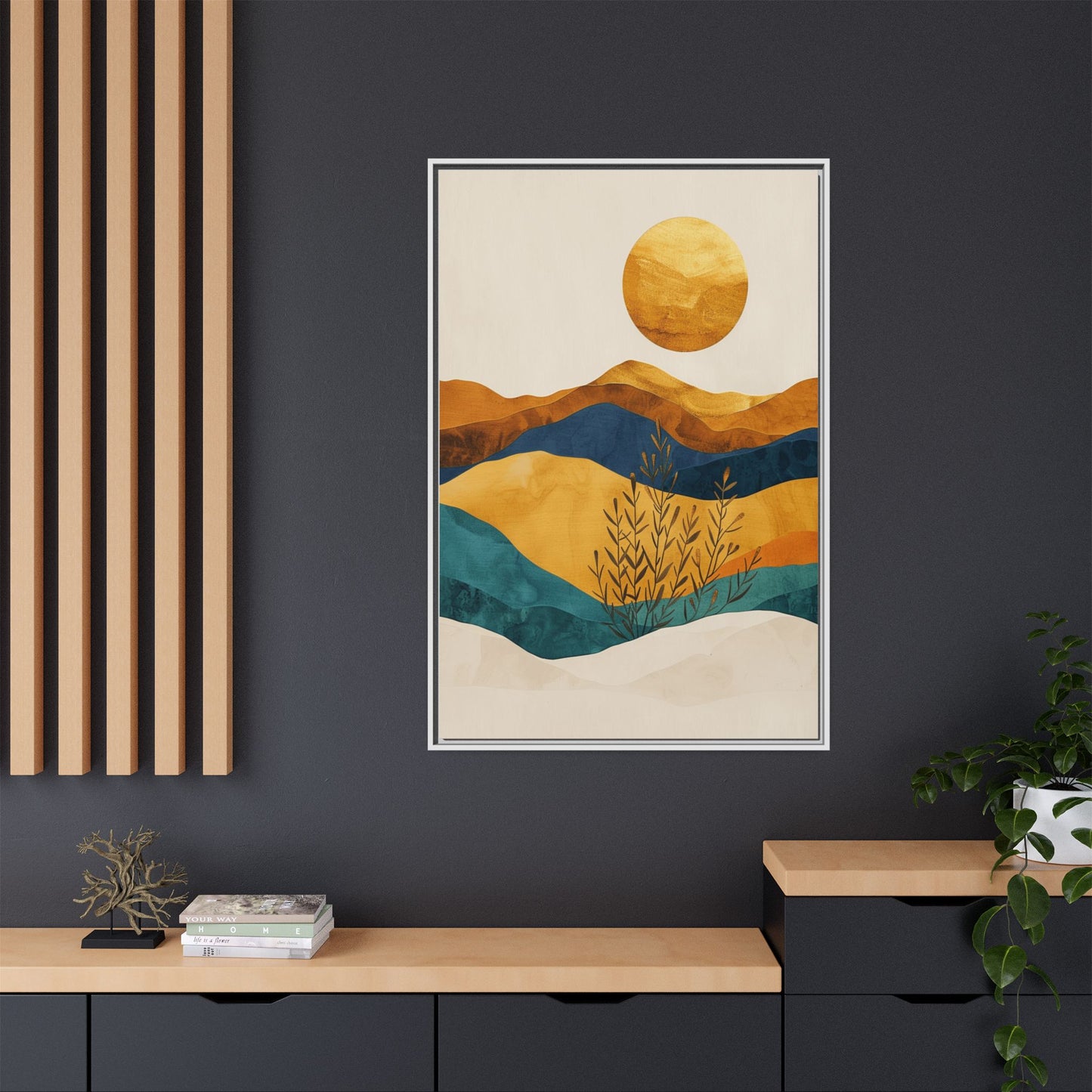 Framed Matte Canvas Wall Art, Boho Decor, Sun and Mountains, Home Gallery, Unique Gift, Cozy Atmosphere, Nature-Inspired