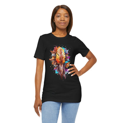 Colorful Feather Art Tee - Unisex Short Sleeve T-Shirt, Bohemian Top, Gift for Nature Lovers, Artisticwear, Casual Wear, Summer Tee
