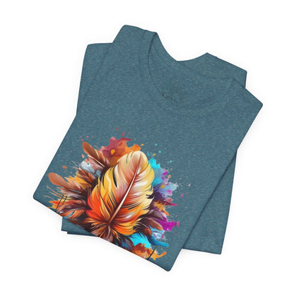 Colorful Feather Art Tee - Unisex Short Sleeve T-Shirt, Bohemian Top, Gift for Nature Lovers, Artisticwear, Casual Wear, Summer Tee