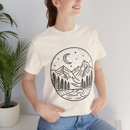 Mountain Nightscape Tee, Nature Lover Shirt, Camping Apparel, Adventure Outfit, Unisex Graphic Tee