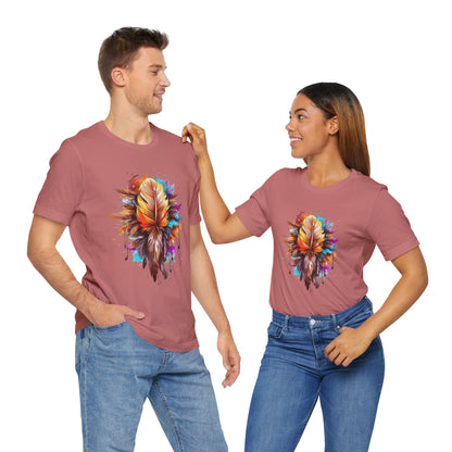 Colorful Feather Art Tee - Unisex Short Sleeve T-Shirt, Bohemian Top, Gift for Nature Lovers, Artisticwear, Casual Wear, Summer Tee