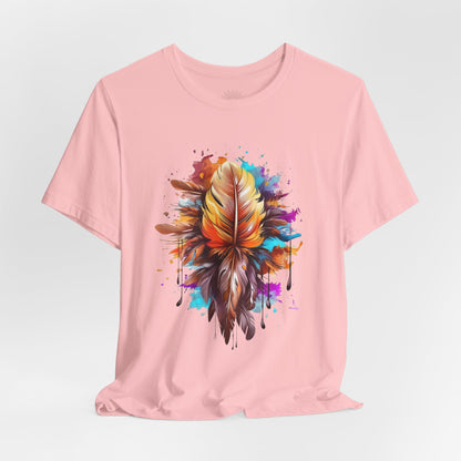Colorful Feather Art Tee - Unisex Short Sleeve T-Shirt, Bohemian Top, Gift for Nature Lovers, Artisticwear, Casual Wear, Summer Tee