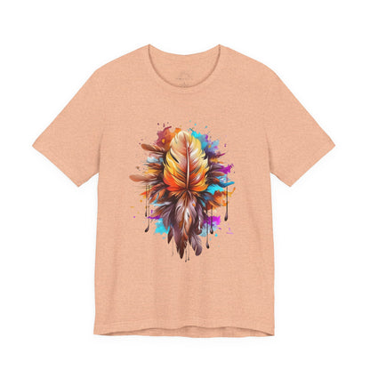 Colorful Feather Art Tee - Unisex Short Sleeve T-Shirt, Bohemian Top, Gift for Nature Lovers, Artisticwear, Casual Wear, Summer Tee