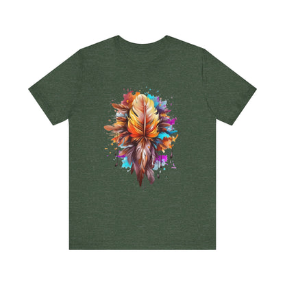 Colorful Feather Art Tee - Unisex Short Sleeve T-Shirt, Bohemian Top, Gift for Nature Lovers, Artisticwear, Casual Wear, Summer Tee