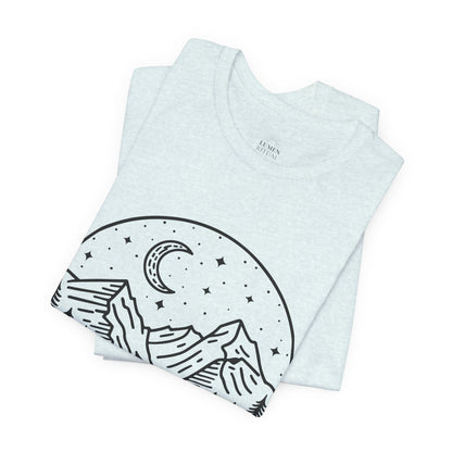 Mountain Nightscape Tee, Nature Lover Shirt, Camping Apparel, Adventure Outfit, Unisex Graphic Tee