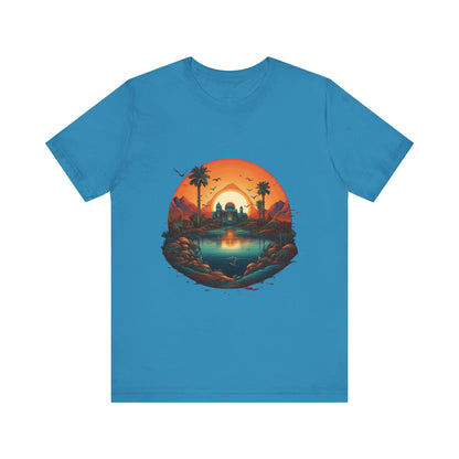 Sunset Oasis Unisex Tee - Summer Vibes, Graphic T-Shirt, Casualwear, Beachwear, Gift for Travelers, Nature Lover
