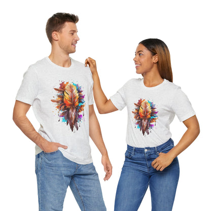Colorful Feather Art Tee - Unisex Short Sleeve T-Shirt, Bohemian Top, Gift for Nature Lovers, Artisticwear, Casual Wear, Summer Tee
