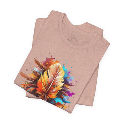 Colorful Feather Art Tee - Unisex Short Sleeve T-Shirt, Bohemian Top, Gift for Nature Lovers, Artisticwear, Casual Wear, Summer Tee