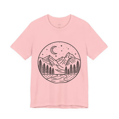 Mountain Nightscape Tee, Nature Lover Shirt, Camping Apparel, Adventure Outfit, Unisex Graphic Tee