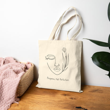 Progress Not Perfection Tote Bag | Eco-Friendly Canvas Bag, Motivational Gift, Reusable Shopping Bag, Minimalist Design, Customizable