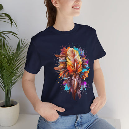 Colorful Feather Art Tee - Unisex Short Sleeve T-Shirt, Bohemian Top, Gift for Nature Lovers, Artisticwear, Casual Wear, Summer Tee