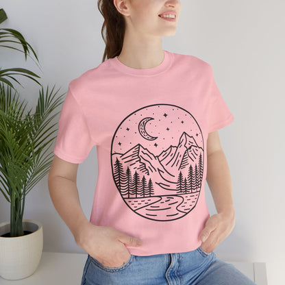Mountain Nightscape Tee, Nature Lover Shirt, Camping Apparel, Adventure Outfit, Unisex Graphic Tee