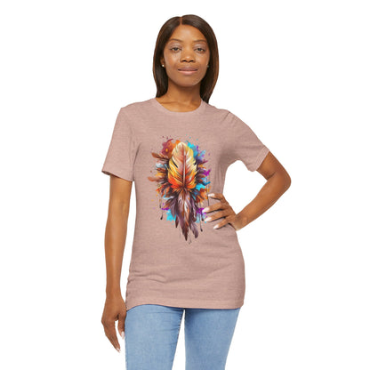 Colorful Feather Art Tee - Unisex Short Sleeve T-Shirt, Bohemian Top, Gift for Nature Lovers, Artisticwear, Casual Wear, Summer Tee
