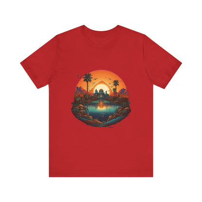 Sunset Oasis Unisex Tee - Summer Vibes, Graphic T-Shirt, Casualwear, Beachwear, Gift for Travelers, Nature Lover