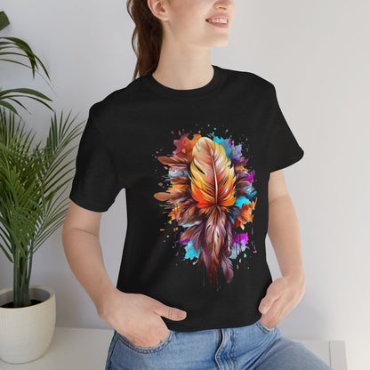 Colorful Feather Art Tee - Unisex Short Sleeve T-Shirt, Bohemian Top, Gift for Nature Lovers, Artisticwear, Casual Wear, Summer Tee