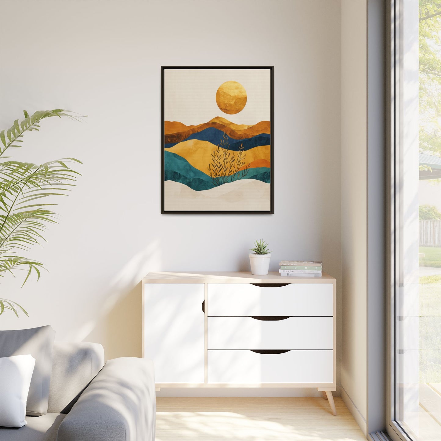 Framed Matte Canvas Wall Art, Boho Decor, Sun and Mountains, Home Gallery, Unique Gift, Cozy Atmosphere, Nature-Inspired