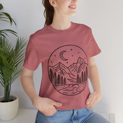 Mountain Nightscape Tee, Nature Lover Shirt, Camping Apparel, Adventure Outfit, Unisex Graphic Tee