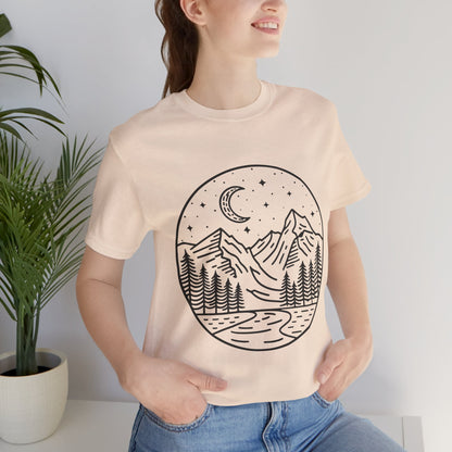 Mountain Nightscape Tee, Nature Lover Shirt, Camping Apparel, Adventure Outfit, Unisex Graphic Tee