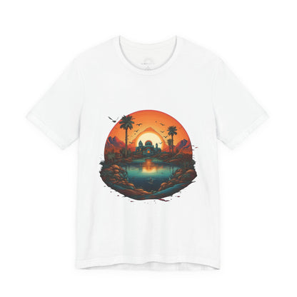 Sunset Oasis Unisex Tee - Summer Vibes, Graphic T-Shirt, Casualwear, Beachwear, Gift for Travelers, Nature Lover