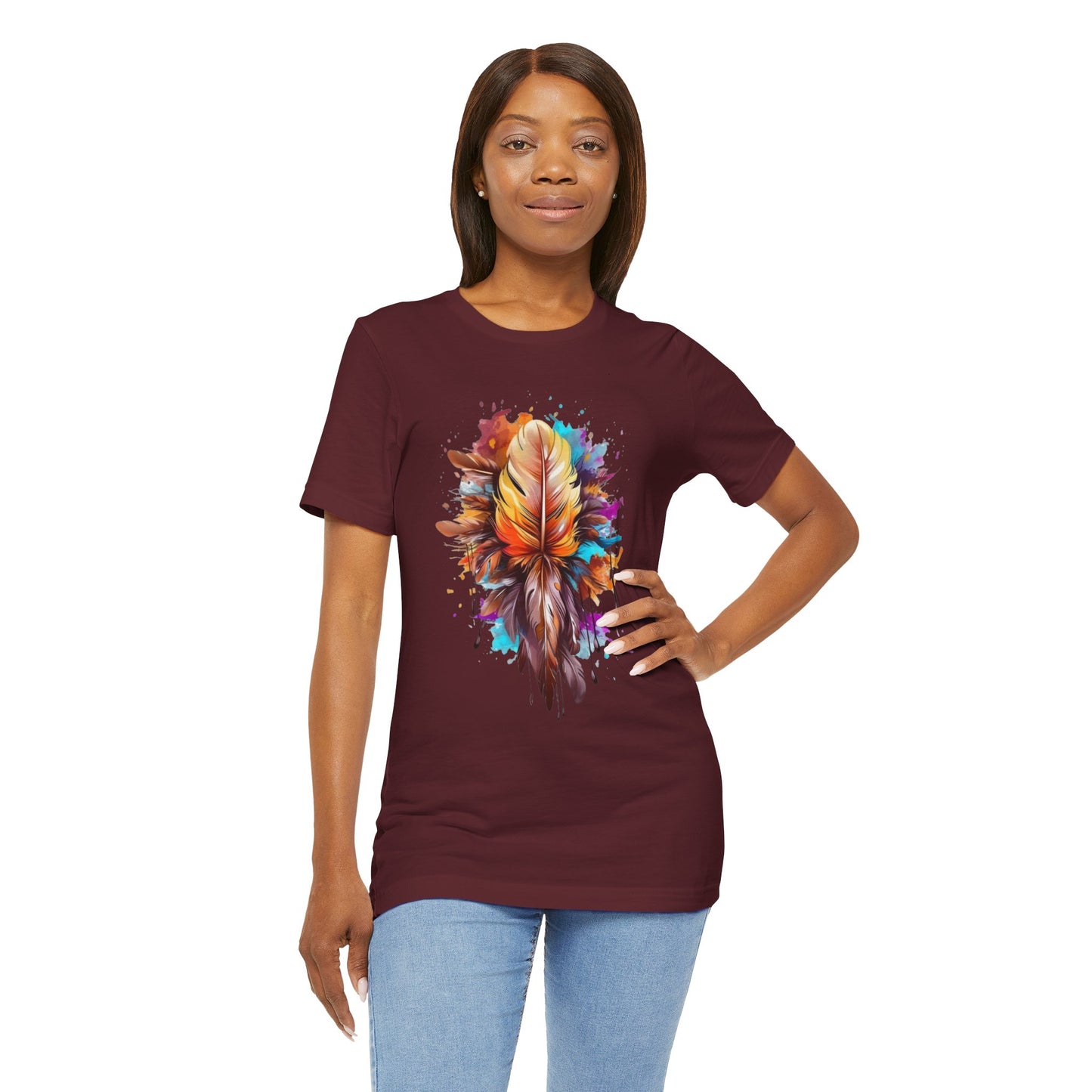 Colorful Feather Art Tee - Unisex Short Sleeve T-Shirt, Bohemian Top, Gift for Nature Lovers, Artisticwear, Casual Wear, Summer Tee