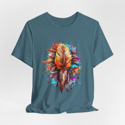 Colorful Feather Art Tee - Unisex Short Sleeve T-Shirt, Bohemian Top, Gift for Nature Lovers, Artisticwear, Casual Wear, Summer Tee