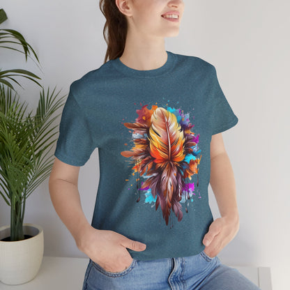 Colorful Feather Art Tee - Unisex Short Sleeve T-Shirt, Bohemian Top, Gift for Nature Lovers, Artisticwear, Casual Wear, Summer Tee
