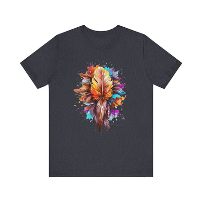 Colorful Feather Art Tee - Unisex Short Sleeve T-Shirt, Bohemian Top, Gift for Nature Lovers, Artisticwear, Casual Wear, Summer Tee