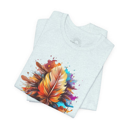 Colorful Feather Art Tee - Unisex Short Sleeve T-Shirt, Bohemian Top, Gift for Nature Lovers, Artisticwear, Casual Wear, Summer Tee