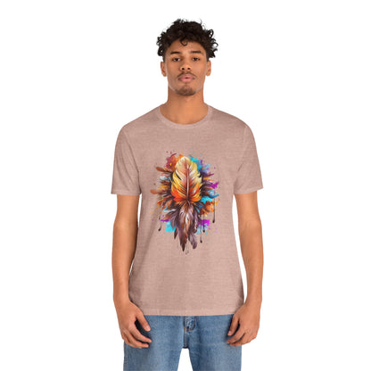 Colorful Feather Art Tee - Unisex Short Sleeve T-Shirt, Bohemian Top, Gift for Nature Lovers, Artisticwear, Casual Wear, Summer Tee