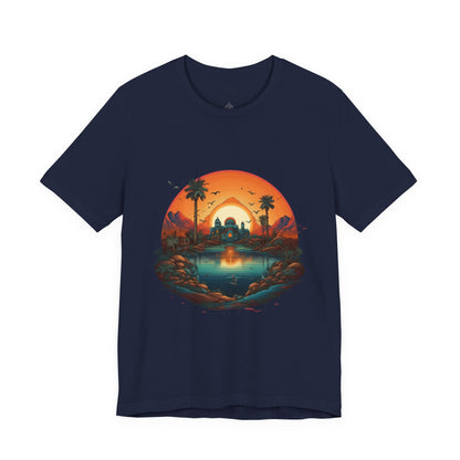 Sunset Oasis Unisex Tee - Summer Vibes, Graphic T-Shirt, Casualwear, Beachwear, Gift for Travelers, Nature Lover