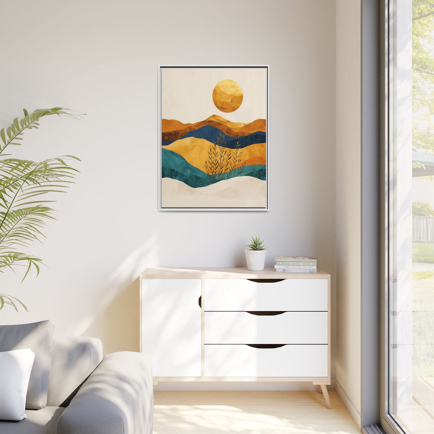 Framed Matte Canvas Wall Art, Boho Decor, Sun and Mountains, Home Gallery, Unique Gift, Cozy Atmosphere, Nature-Inspired