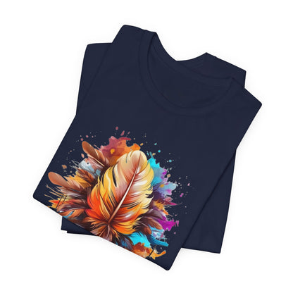 Colorful Feather Art Tee - Unisex Short Sleeve T-Shirt, Bohemian Top, Gift for Nature Lovers, Artisticwear, Casual Wear, Summer Tee
