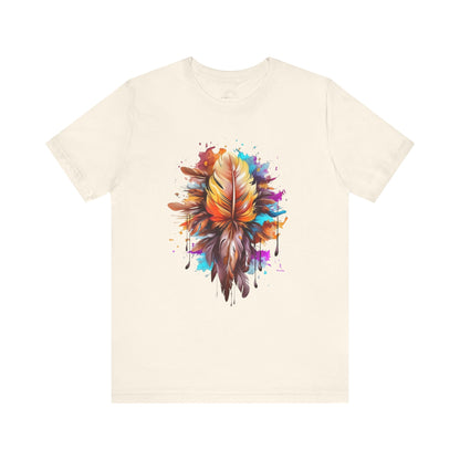 Colorful Feather Art Tee - Unisex Short Sleeve T-Shirt, Bohemian Top, Gift for Nature Lovers, Artisticwear, Casual Wear, Summer Tee