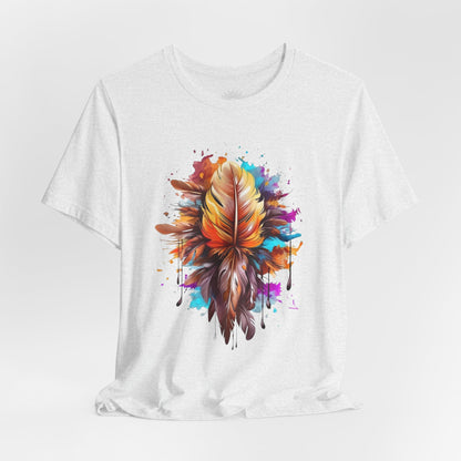 Colorful Feather Art Tee - Unisex Short Sleeve T-Shirt, Bohemian Top, Gift for Nature Lovers, Artisticwear, Casual Wear, Summer Tee