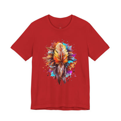 Colorful Feather Art Tee - Unisex Short Sleeve T-Shirt, Bohemian Top, Gift for Nature Lovers, Artisticwear, Casual Wear, Summer Tee