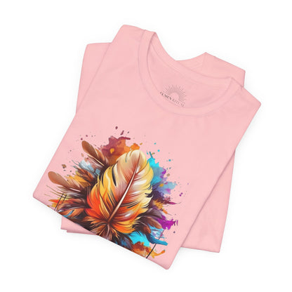 Colorful Feather Art Tee - Unisex Short Sleeve T-Shirt, Bohemian Top, Gift for Nature Lovers, Artisticwear, Casual Wear, Summer Tee