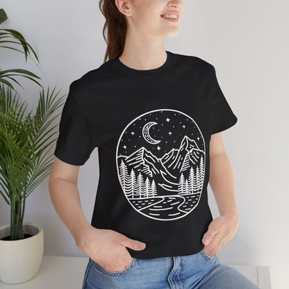 Mountain Nightscape Tee, Nature Lover Shirt, Camping Apparel, Adventure Outfit, Unisex Graphic Tee