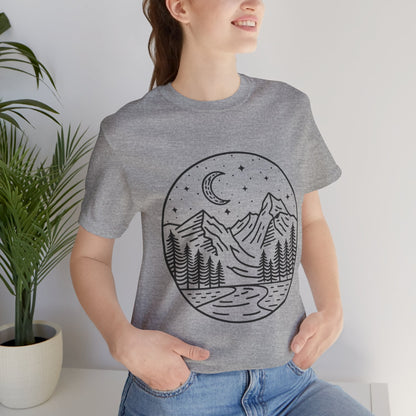 Mountain Nightscape Tee, Nature Lover Shirt, Camping Apparel, Adventure Outfit, Unisex Graphic Tee