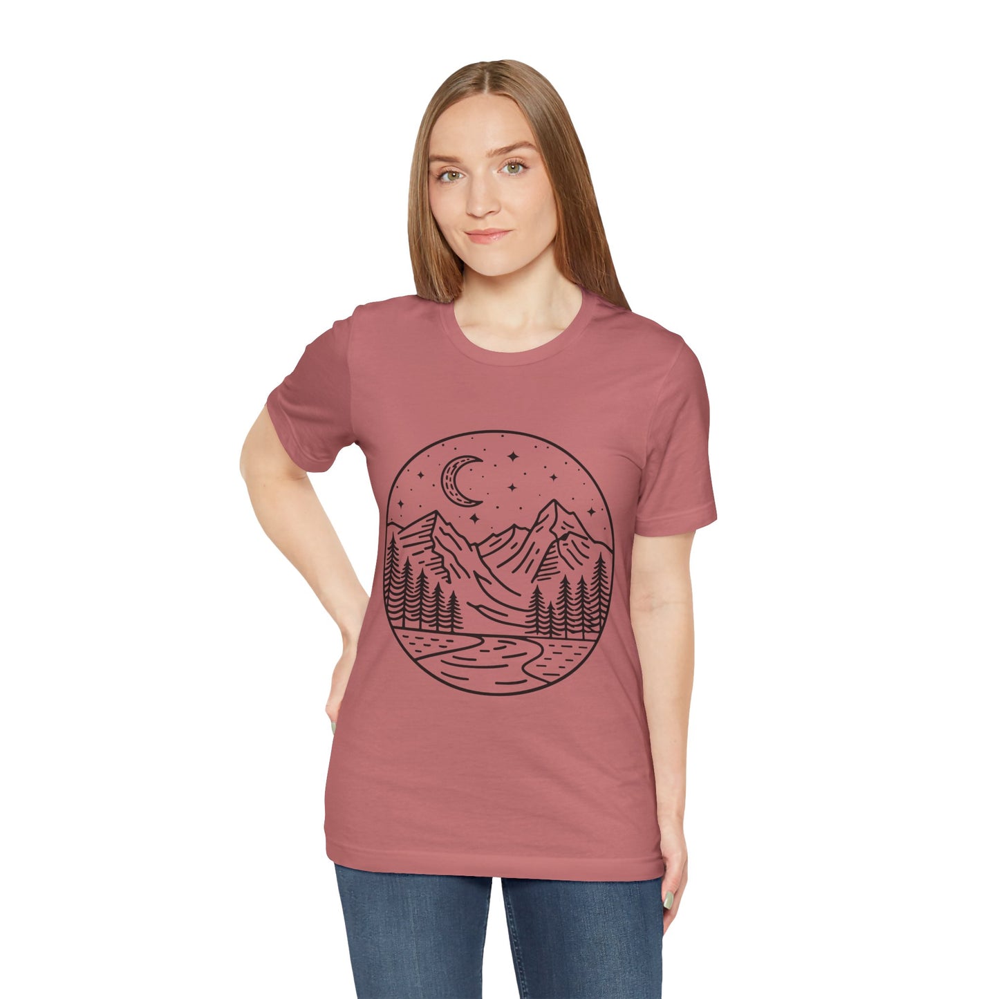Mountain Nightscape Tee, Nature Lover Shirt, Camping Apparel, Adventure Outfit, Unisex Graphic Tee