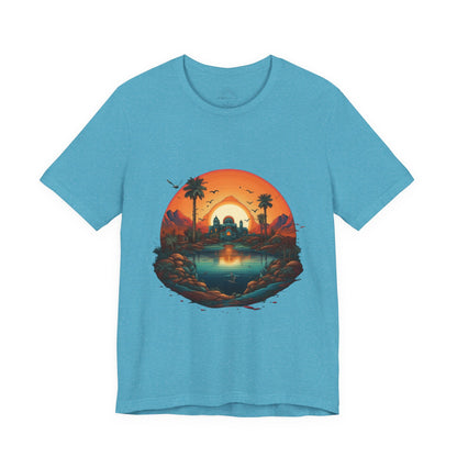 Sunset Oasis Unisex Tee - Summer Vibes, Graphic T-Shirt, Casualwear, Beachwear, Gift for Travelers, Nature Lover
