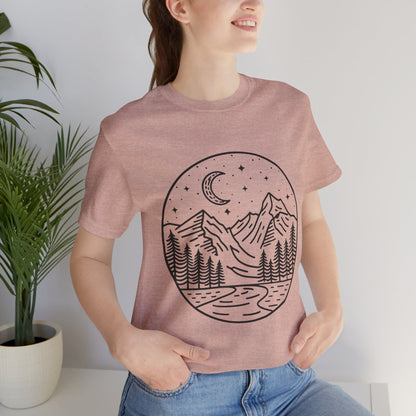 Mountain Nightscape Tee, Nature Lover Shirt, Camping Apparel, Adventure Outfit, Unisex Graphic Tee