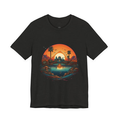 Sunset Oasis Unisex Tee - Summer Vibes, Graphic T-Shirt, Casualwear, Beachwear, Gift for Travelers, Nature Lover