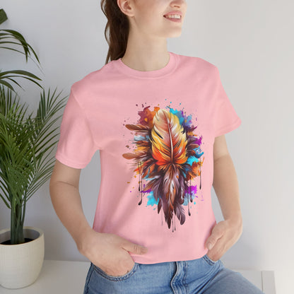 Colorful Feather Art Tee - Unisex Short Sleeve T-Shirt, Bohemian Top, Gift for Nature Lovers, Artisticwear, Casual Wear, Summer Tee