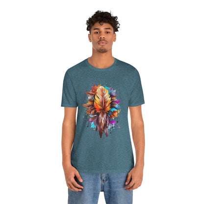 Colorful Feather Art Tee - Unisex Short Sleeve T-Shirt, Bohemian Top, Gift for Nature Lovers, Artisticwear, Casual Wear, Summer Tee
