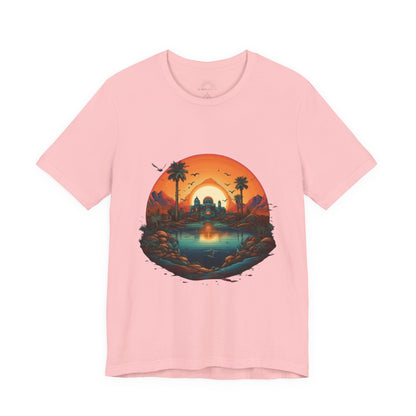 Sunset Oasis Unisex Tee - Summer Vibes, Graphic T-Shirt, Casualwear, Beachwear, Gift for Travelers, Nature Lover