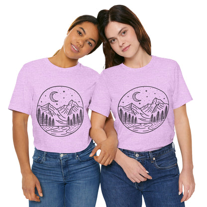 Mountain Nightscape Tee, Nature Lover Shirt, Camping Apparel, Adventure Outfit, Unisex Graphic Tee