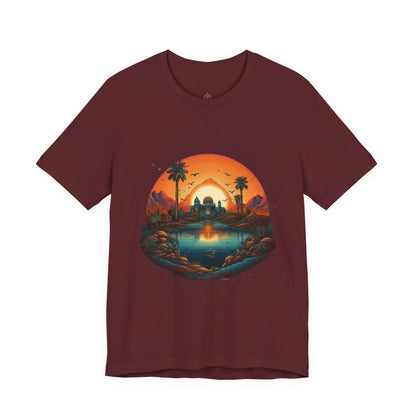 Sunset Oasis Unisex Tee - Summer Vibes, Graphic T-Shirt, Casualwear, Beachwear, Gift for Travelers, Nature Lover