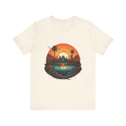 Sunset Oasis Unisex Tee - Summer Vibes, Graphic T-Shirt, Casualwear, Beachwear, Gift for Travelers, Nature Lover